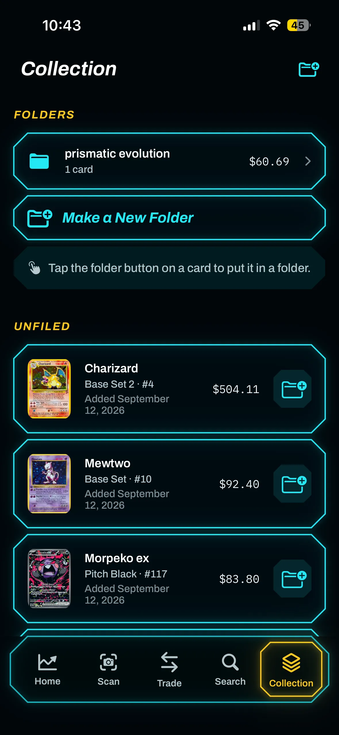 Hyper Rare collection screen showing folders and organized Pokémon cards